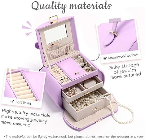 Vee Jewellery Box for Girls, Lockable Jewellery Case for Kids, Jewellery Organiser with 2 Drawers and Mirror for Rings, Bracelets, Earrings, Gift Idea, Purple