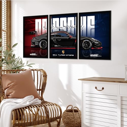 Image of ARTELLY Big Porsche 911 GT3rs Sports Car Framed Wall Posters, Set of 3, Premium Framed Painting, Living Room Bedroom Decoration, Large Size Gift Item for Boys Room Decor (Porsche 4, 13x19 inch)