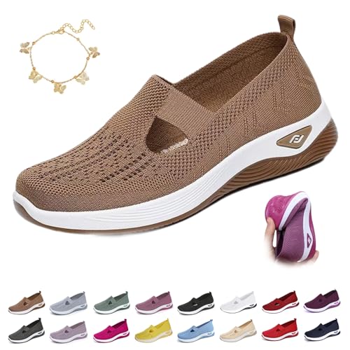 Inspireuplift Shoes for Women, Summer Breathable Non-Slip Soft Sole Elderly Shoes, Wide Width Woven Orthopedic Arch Support Slip On Walking Sneaker