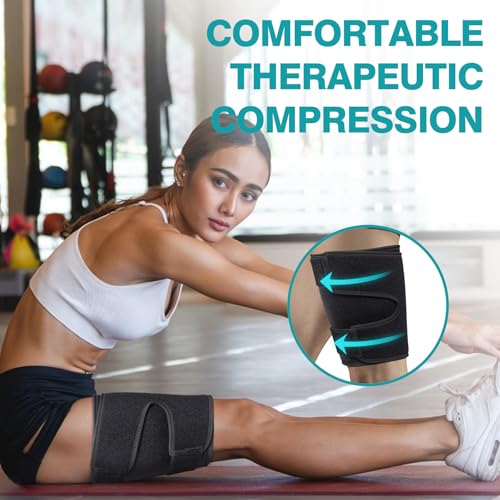 thigh brace hamstring quadriceps support and thigh wraps adjustable compression sleeve support for pulled groin muscle sprains tendonitis sciatica pain and sports recovery for men and women