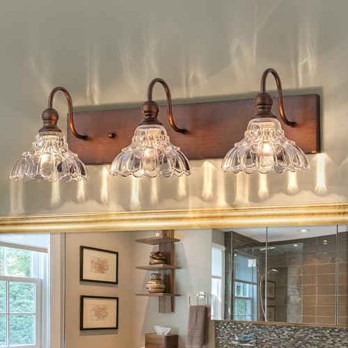 Image of EDISLIVE Vintage Vanity Light for Bathroom ORB 3-Light Bath Wall Light Fixture with Clear Flower Glass Shades 26.38 inch E12 Antique Wall Sconce for Bedroom Hallway Living Room Vanity Mirror