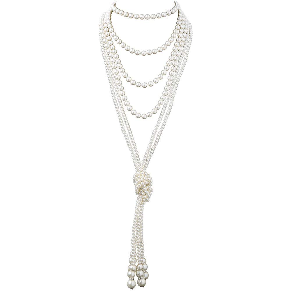 TUOKAY 1920s Pearls Beads Necklace for Women Girls Pearl Strands Flapper Beads Necklace, Fashion Imitation Faux Pearls Long Necklace Vintage Costume Jewelry Necklace 55 inches Long