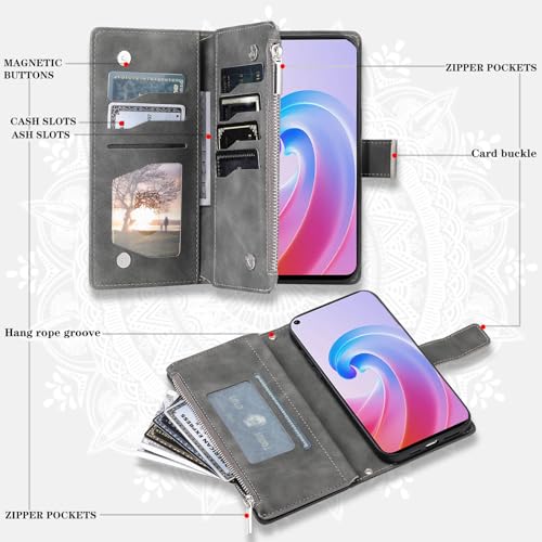Phone Case for OPPO Realme 9i 4G/A76 4G/A96 4G/A36 4G Wallet Cover With Tempered Glass Screen Protector and Wrist Strap Mandala Flower Leather Flip Zipper Credit Card Holder Stand Cell Women Grey - Image 2