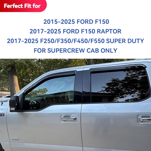 Image of Window Visors Rain Guards for 2015-2026 Ford F150 SuperCrew, Out-Channel Sun Rain Shades Window Vent Deflectors for 2017-2026 F-150 Raptor F250 F350 F450 F550 Super Duty Crew Cab, for Full-Size Cabs