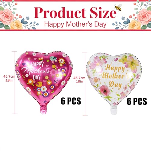 12 Pcs Mothers Day Balloon,Happy Mothers Day Decorations Heart Foil Helium Balloons,Mother'S Party Hanging Ballon Decoration Set Topper,Mother Round Flower Ballons Bdecoration for Arch Ceiling(18inch)