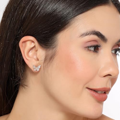 Image of Nilu's Collection Rose Gold Plated Triangular Design Pearl Stud Earrings With American Diamond for Women And Girls | Gift For Her | Anti- Allergy |Anti-Tarnish | Office Wear