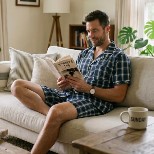 Image of Vulcanodon Mens Cotton Pajama Set Short Sleeve, Button Down Pajama Set for Men Lightweight Men's Sleepwear