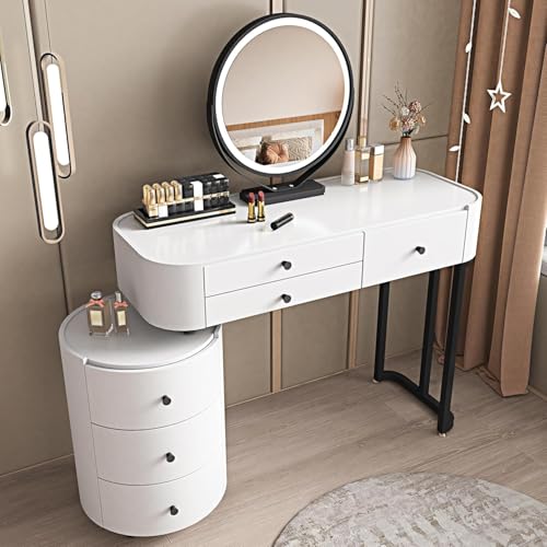 Toeletta Da Trucco Con Luci LED Dimmerabili - Tavolo Makeup 5 Cassetti Legno Massiccio 100x40cm