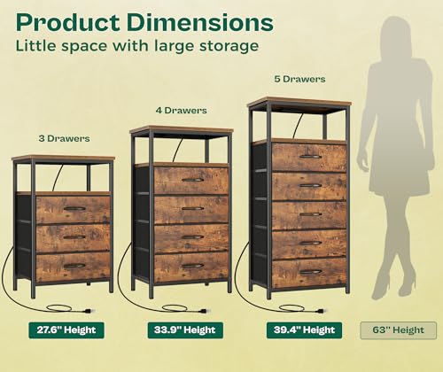 Image of Huuger Night Stand with Charging Station, 4 Drawer Dresser for Bedroom, Bedside Table, 33.9 Inch Tall Nightstand with Open Shelf, End Table, for Closet, Entryway, Bedroom, Rustic Brown