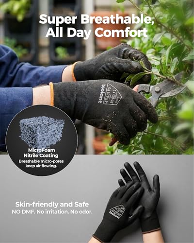 Toolant Gants de travail MicroFoam Gants de sécurité en nylon respirant enduit de nitrile avec coupe en stretchy, poignée ferme & Compatible avec écran tactile, idéal pour le jardinage, Automobile, Entrepôt, Noir (L, 6 Nombre de paires)