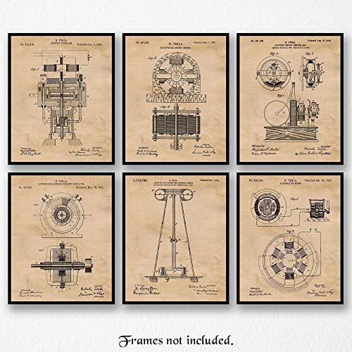 Vintage Science Tesla Patent Prints, 6 (8X10) Unframed Photos, Wall Art Decor Gifts Under 20 For Home Office Garage Man Cave School Lab College Student Teacher Scientist Engineer Fan #TOP7