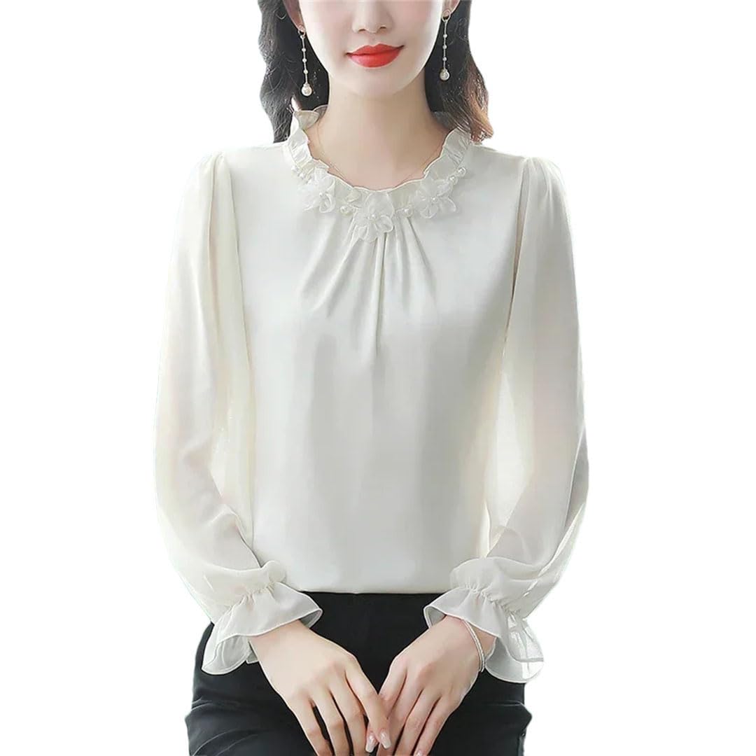 Camisas de gasa para mujer, blusas sueltas de color liso, cuello redondo, ropa de mujer de manga larga