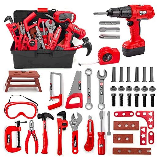 HYRENEE Kids Tool Set – 48 Piece Toddler Tool Set with Electronic Toy Drill& Tool Box,Pretend Play Toys for Kids,Construction Kits Toys for Kids Ages 3 4 5 Years Old, Toddler Boy Toys