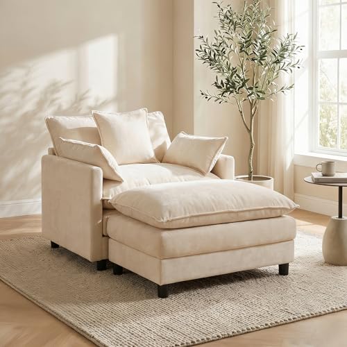 GRAVFORCE Oversized Chair with Ottoman Comfy Upholstered Chenille Chaise Lounge Chair Accent Indoor Reading Chairs for Living Room Bedroom (Beige)