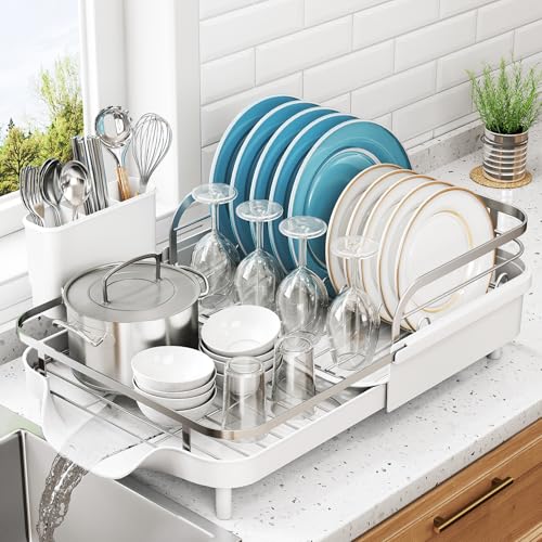 Image of SNTD Dish Drying Rack, Expandable Dish Rack for Kitchen Counter, Stainless Steel Dish Drainer with Drainboard Set and Utensil Holder (White)