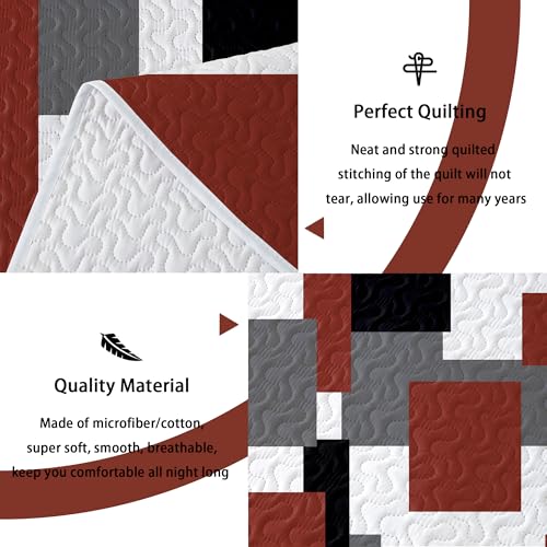Image of Tyrot 3 Piece Burnt Orange Quilt Cal King Size Black White Bedding Set | Lightweight Bedspread, Geometric Coverlet with 2 Sham, Modern Abstract Soft Microfiber, Bed Cover for All Season, 118''x106''