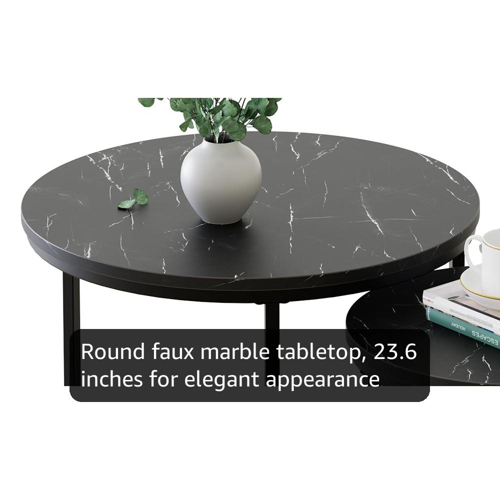 aboxoo Round Nesting Coffee Table Side Set of 2 End Tables for Living Room Bedroom Balcony,Black Faux Marble Wooden Table 23.6IN Accent Large Coffee Table with Steel Frame