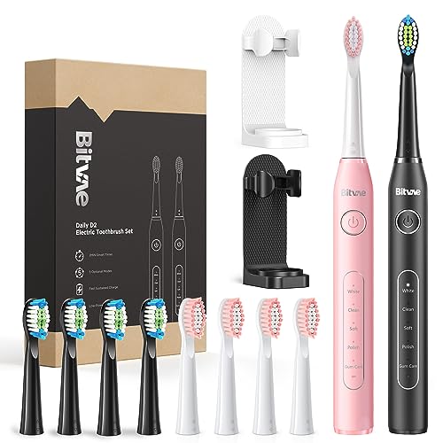 Bitvae Electric Toothbrushes 2 Pack Sonic Toothbrush with Holders, Dual Ultrasonic Electronic Toothbrush 8 Brush Heads 5 Modes, Rechargeable Power Toothbrush for 30 Days Using, Black & Pink