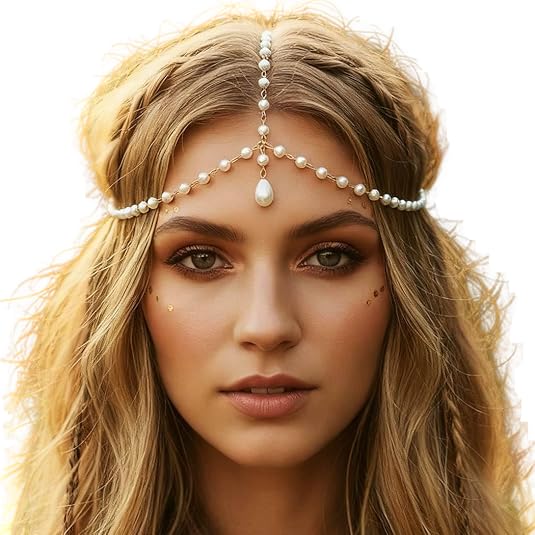 CHIROGRAPHY Women Alloy Pearl Head Chain | Golden Bridal Headpiece | Boho Forehead Hair Jewelry Adjustable Headband for Wedding Party Festival Beach | Lightweight Hair Accessory (Free Size)-picture-39