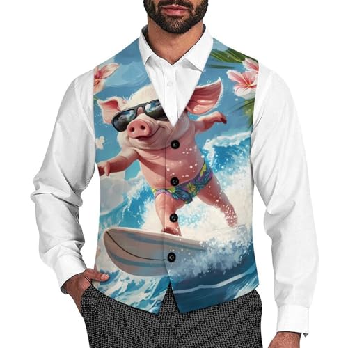 Pigs Surfing Mens Slim Fit Suit Vest Dress Waistcoat Casual Business Vest