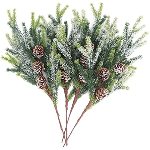 Kunjocy 4 Pieces 14" Snowy Artificial Cypress Pine Needles Branches Fake Frosted Pine Picks Greenery Christmas Tree Sprays with Pinecones Stems for Holiday Seasonal Arrangement White Winter Décor (4) Cover