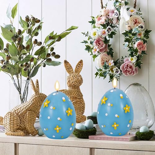 Image of Easter Flameless Candles Battery Operated with 6 Hour Timer Battery Operated Real Wax Color Painted Easter Egg Shaped LED Flickering Candles Dinner Spring Holiday Decor(Blue, 2.4 inchD x 6.3 inchH)