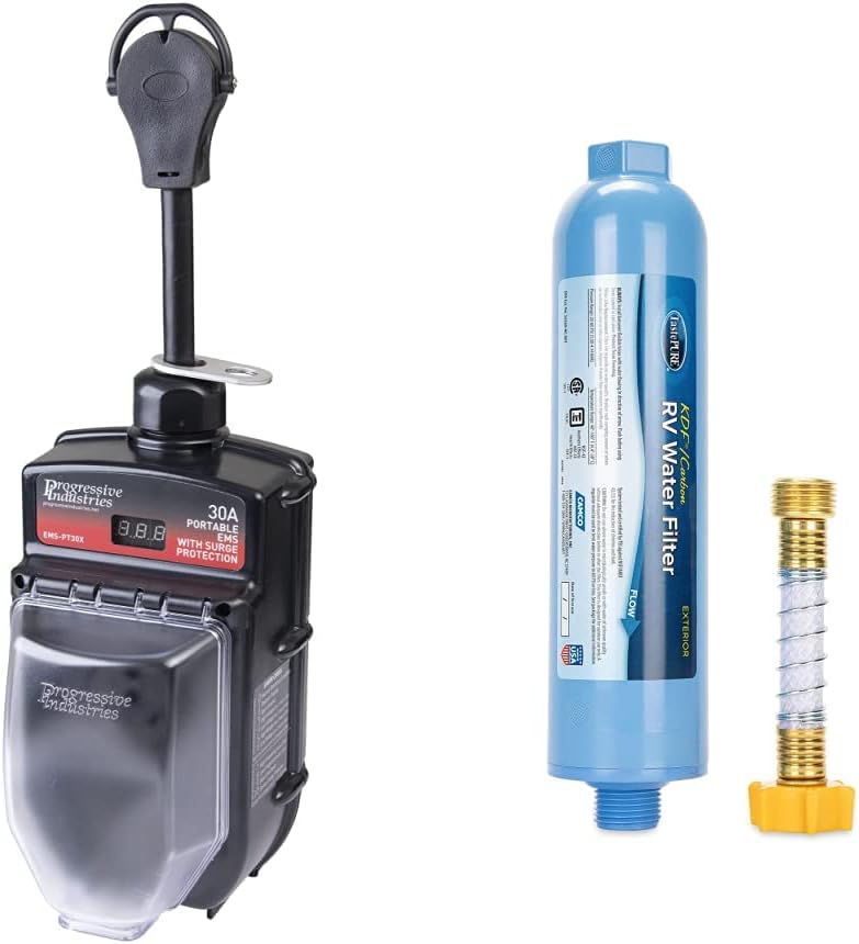 Progressive Industries RV Surge Protector 30 Amp with Electrical Management System, Portable, EMS-PT30X & Camco TastePURE RV/Marine Water Filter | Features Flexible Hose Protector(40043)