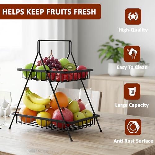 Image of Kuber Industries Metal 2 Tier Fruit & Vegetable Basket for Kitchen | Dining /Kitchen Rack /Countertop Organizer | Multipurpose Storage Stand | Black