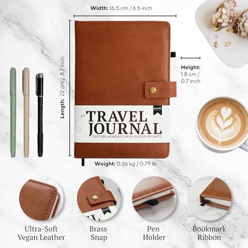 Image of Travel Journal with Prompts (Hardcover) 2nd Edition - Vegan Leather Adventure Essential - 2-Page-A-Day Travel Journal (40 Days) for Women Men Nonbinary - A5 Daily Diary & Traveler Notebook - Gift - Present