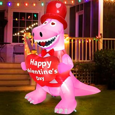 TURNMEON 4 Foot Valentine's Day Inflatable Dinosaur Outdoor Decoration Blow Up Dinosaur Holds Heart LED Lighted Valentines Day Decoration for Yard Garden Lawn Holiday Party Indoor Home Valentines Gift Cover