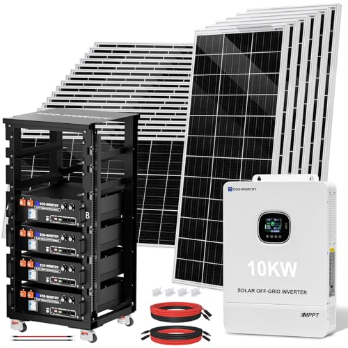 ECO-WORTHY 10KW Output 18.72KWH Home Solar Power System Complete kit:24pcs 195W Solar Panel(4680W)+10KW 120V/240V Inverter + 4pcs 48V 100AH Lithium Battery,for Off Grid/Energy Freedom 4680W