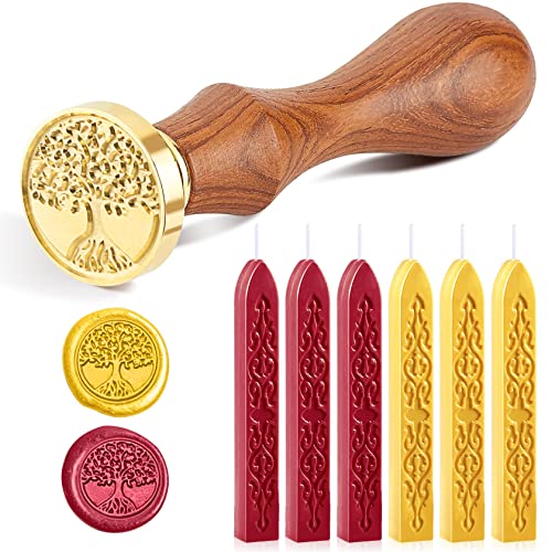 Lot de 6 vernis à cacheter avec mèches et sceau de cire, kit de cire à cacheter pour enveloppe/invitation/cartes/cadeau/sceau rétro - Arbre de vie