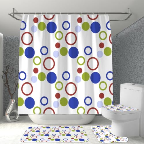 Hearda 4 Piezas Cortina de Ducha y Juego de Alfombras de Baño, Cortina de Ducha Tela Lavable con 12 Ganchos y Alfombrilla de Baño, Tapa de Inodoro y Alfombra en Forma de U (Lunares Azules,M)