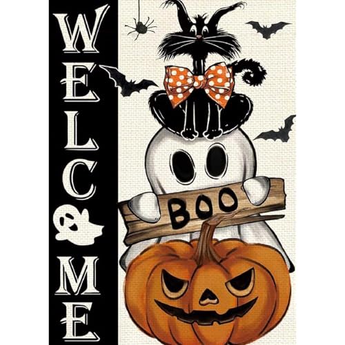Image of Halloween Stamped Cross Stitch Kits for Adults Beginner, Black Cat Pumpkin Cross Stitch Kits Printed Stitching Patterns Dimensions Needlepoint Art Crafts Embroidery Kits for Adults Beginners 12x16 in