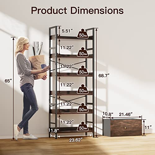 Pipishell Bookshelf, 6-Tier Bookcase With Storage Drawer, Tall Bookshelf Storage Rack With Metal Frame & Wood Grain Finish, Industrial Bookshelf For Living Room, Bedroom, And Home Office, Pibs02Wn #TOP2