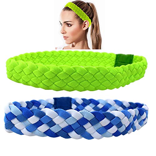 Braided Headbands Girls No Slip Grip Sports Sweatband Teens Elastic Hair Bands 1.4inch Width 2 Pack