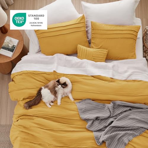 Image of Bedsure California King Comforter Set - 4 Pieces Pinch Pleat Bed Set, Mustard Yellow Boho Bedding for All Season, 1 Soft Comforter, 2 Pillowcases, 1 Decorative Pillow