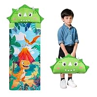 Decalsweet Schlafsack Kinder Doppelter Reißverschluss Warm, Faltbare Kinderschlafsack mit Kissen Abnehmbar für Mädchen Jungen, Schlafsack Kuscheltier für Outdoor Indoor Camping, 150×60cm Dinosaurier