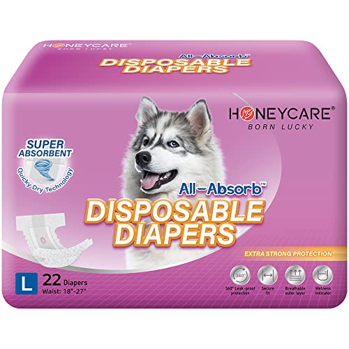 Honey Care All-Absorb Disposable Female Dog Diapers L Size, Improved Bigger Size, 22 Count, Super Absorbent, Breathable, Wetness Indicator, Packaging May Vary