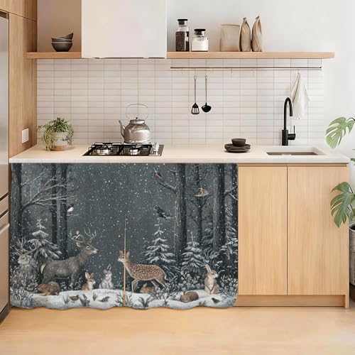 Image of Self Adhesive Forest Animals & Deer Cabinet Curtain for Mother's Day, 39x28 Inch Dark Woodland Under Sink Skirt No Drill, Spring Cleaning Kitchen Decor, Hook and Loop Laundry Valance