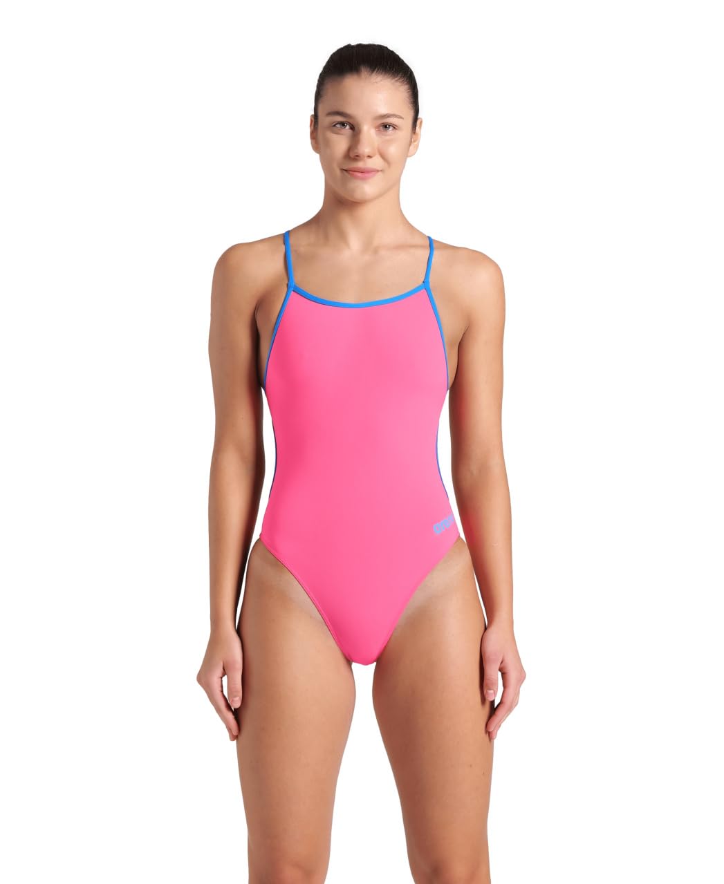 ARENA Women's Performance Solid Lace Back Swimsuit One Piece, Shocking Pink/Blue River, 38