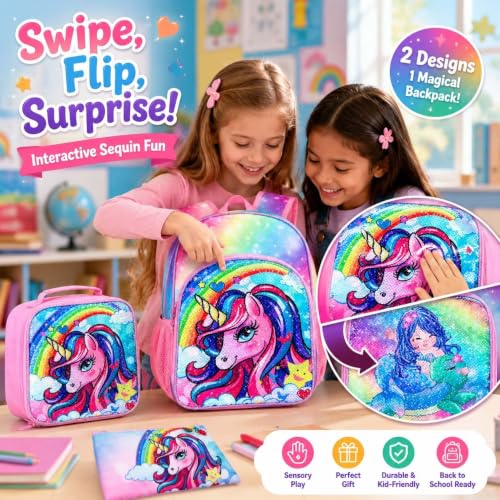 Image of 3PCS Unicorn Backpack, 16 inch Girls Rainbow Sequins Kids Bookbag with Lunch Box, School Bags for Elementary Preschool Kindergarten - Pink
