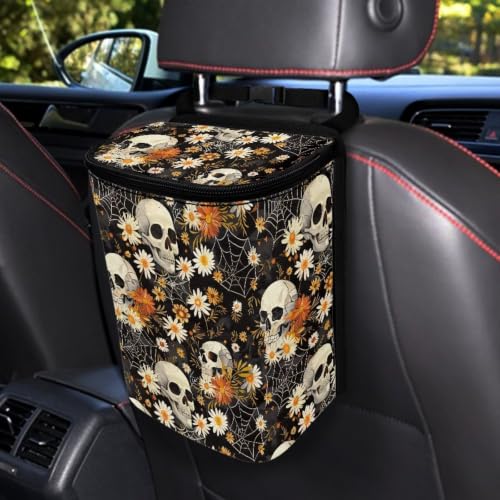 Image of Daisy Skeleton Skull Print Car Trash Can with Lid Proof Organizer and Storage Bag Car Garbage Can with Adjustable Straps for Cars Truck,SUV