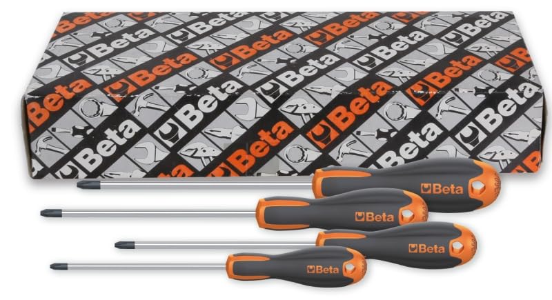 Beta 1209E/PZ‑S4 – Set 4 Giraviti Evox Pozidriv®/Supadriv®, Acciaio Cromato con Punte Nere, Impugnatura Bi‑materiale Ergonomica, Misure PZ0–PZ3