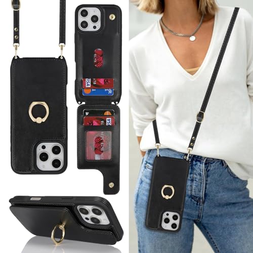 Lipvina for iPhone 16 Pro Max Case with Card Holder and Strap for Women Crossbody Lanyard RFID Blocking Ring Stand Snap Clasp Cute Lightweight Leather Wallet Phone Case 6.9(Black)