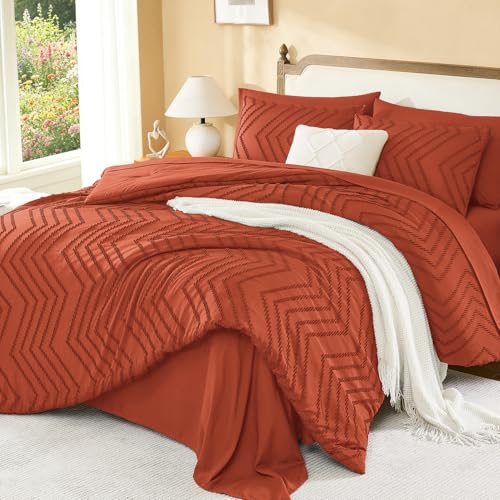 Image of Litanika Oversized King Size Comforter Set with Sheets Burnt Orange - 7 Pieces Bed in a Bag Oversized King Boho Tufted Complete Bedding Sets with Comforter, Sheets, Pillowcases & Shams