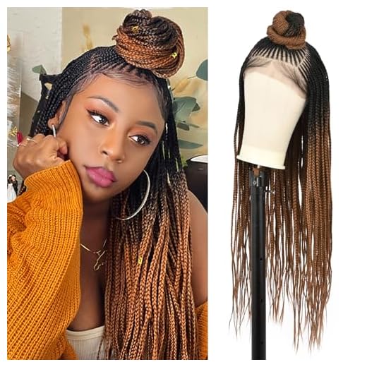 Brinbea 13X7" Lace Front Box Braided Wigs with Baby Hair for Black Women Updo Bun Box Braid Wig 31 Inches Synthetic Lace Frontal Ombre Black Brown Cornrow Braided Hair Wig