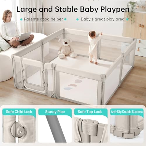 Baby Playpen with Door, Foldable Adjustable Play Pen for Babies and Toddlers,Heavy-Duty Play Yard Fence Play Area, Large Toddler Playpen,Khaki - Image 5