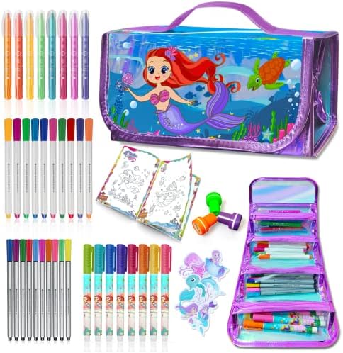 weirtoya Washable Fruit Scented Markers Set with Mermaid Pencil Case Mermaid Stickers Stamps and Mermaid Coloring Book, Mermaid Gifts For Girls or Art and Craft Coloring (Mermaid)