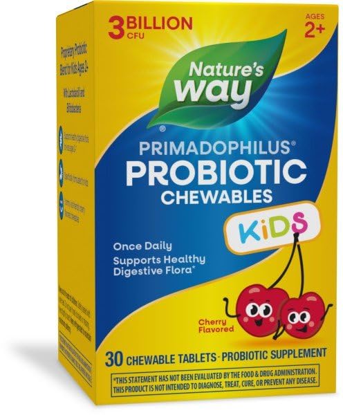 Nature's Way Primadophilus Probiotic Chewables for Kids, Supports Healthy Digestive Flora*, for Kids Ages 2+, 3 Billion CFU, 30 Cherry Flavored Chewables (Packaging May Vary)